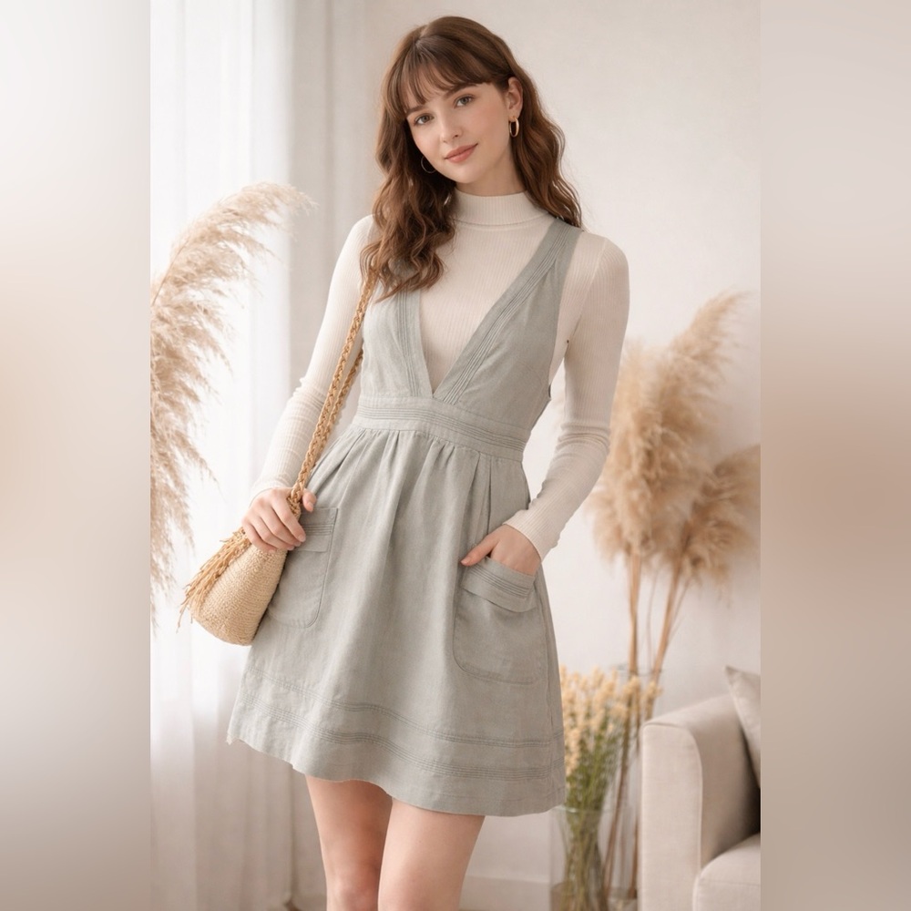 Meadow Rue Sage Green V-Neck Pinafore Mini Dress